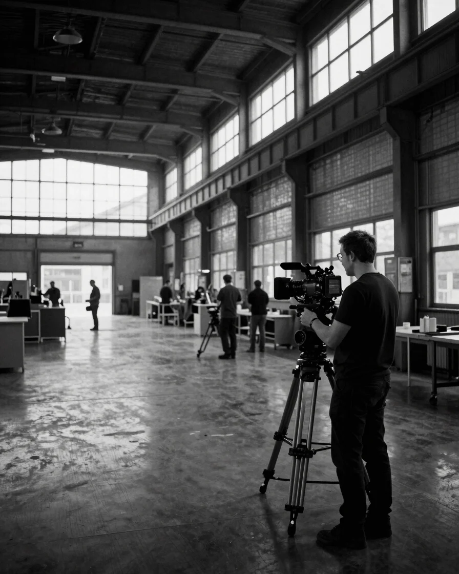 Wide cinematic 35mm black and white frame, a camera operator filming inside a contemporary industrial workshop, contrast
