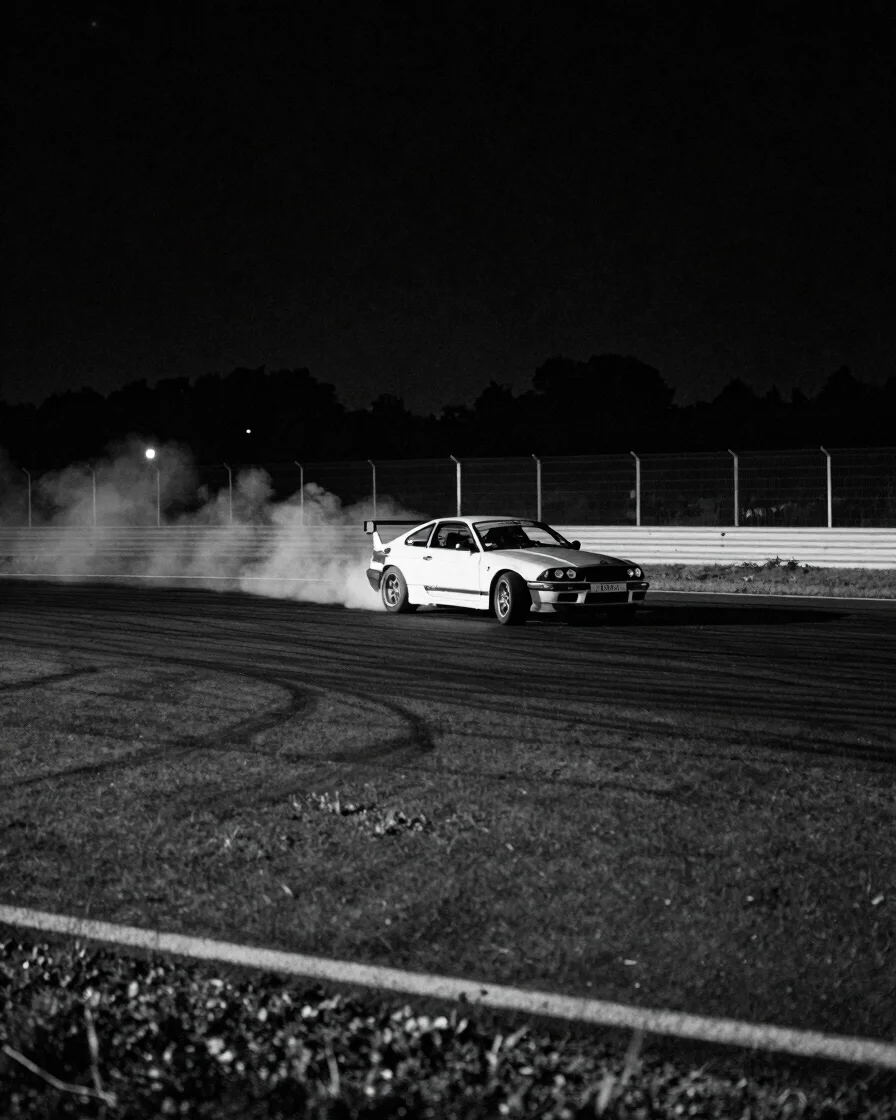 Wide panoramic cinematic 35mm film still of a car drifting on a dark race track at night, tire smoke lit by a single con