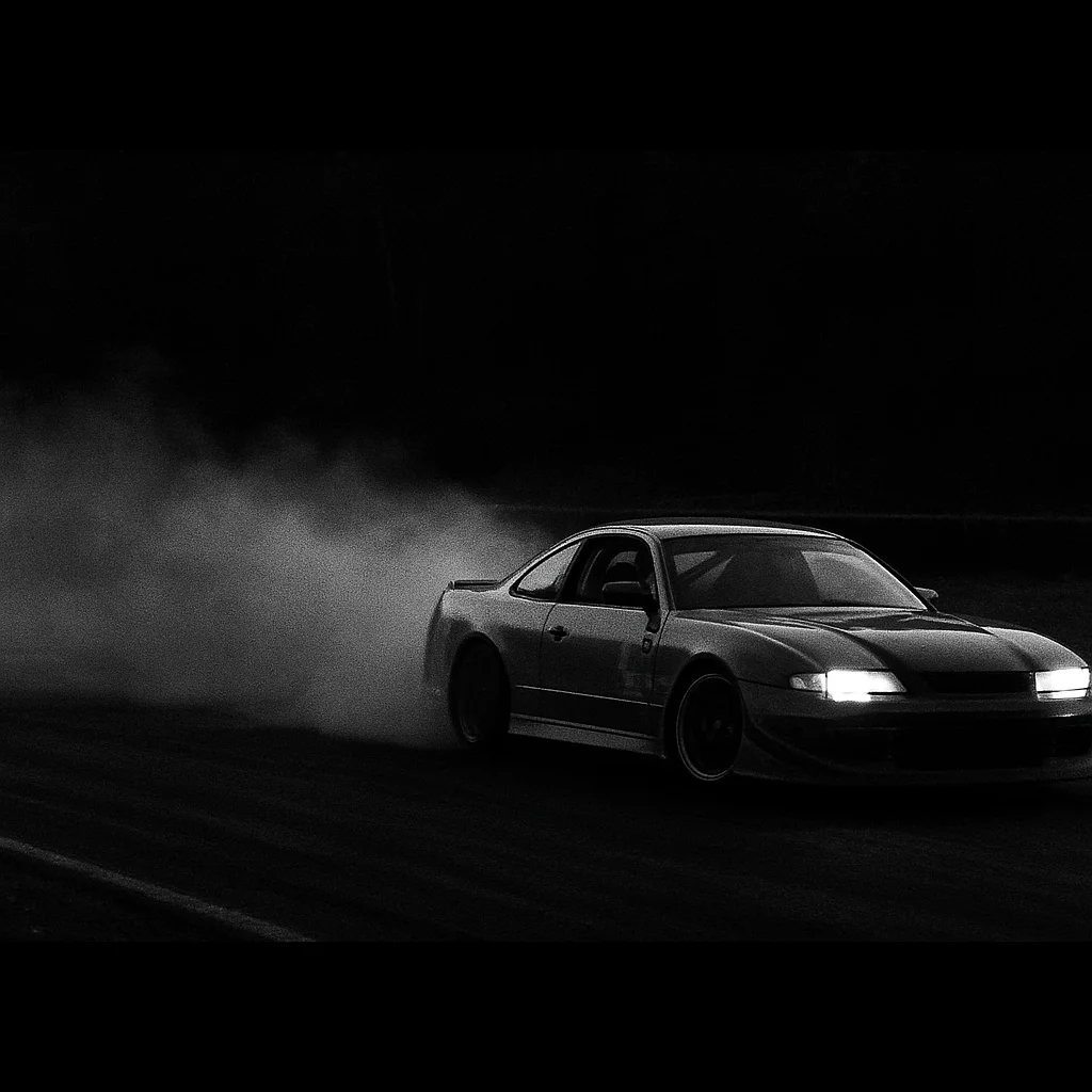 Black and white cinematic 35mm frame, deep black shadows: a drift
