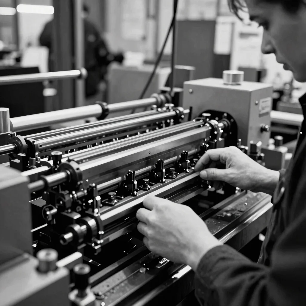Full-frame cinematic 35mm black and white still of a manufacturin