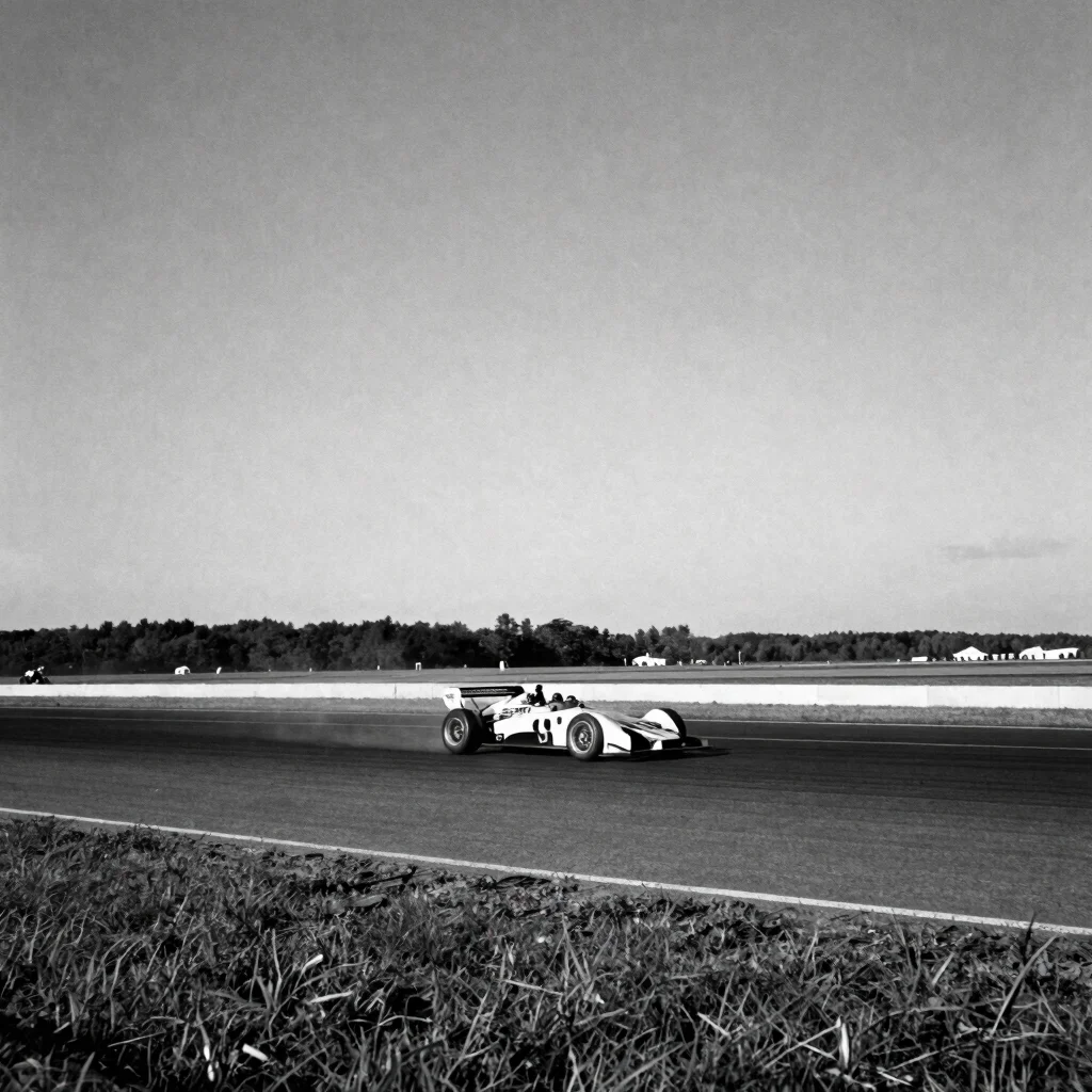 Wide panoramic 35mm black and white film still of a race car drif