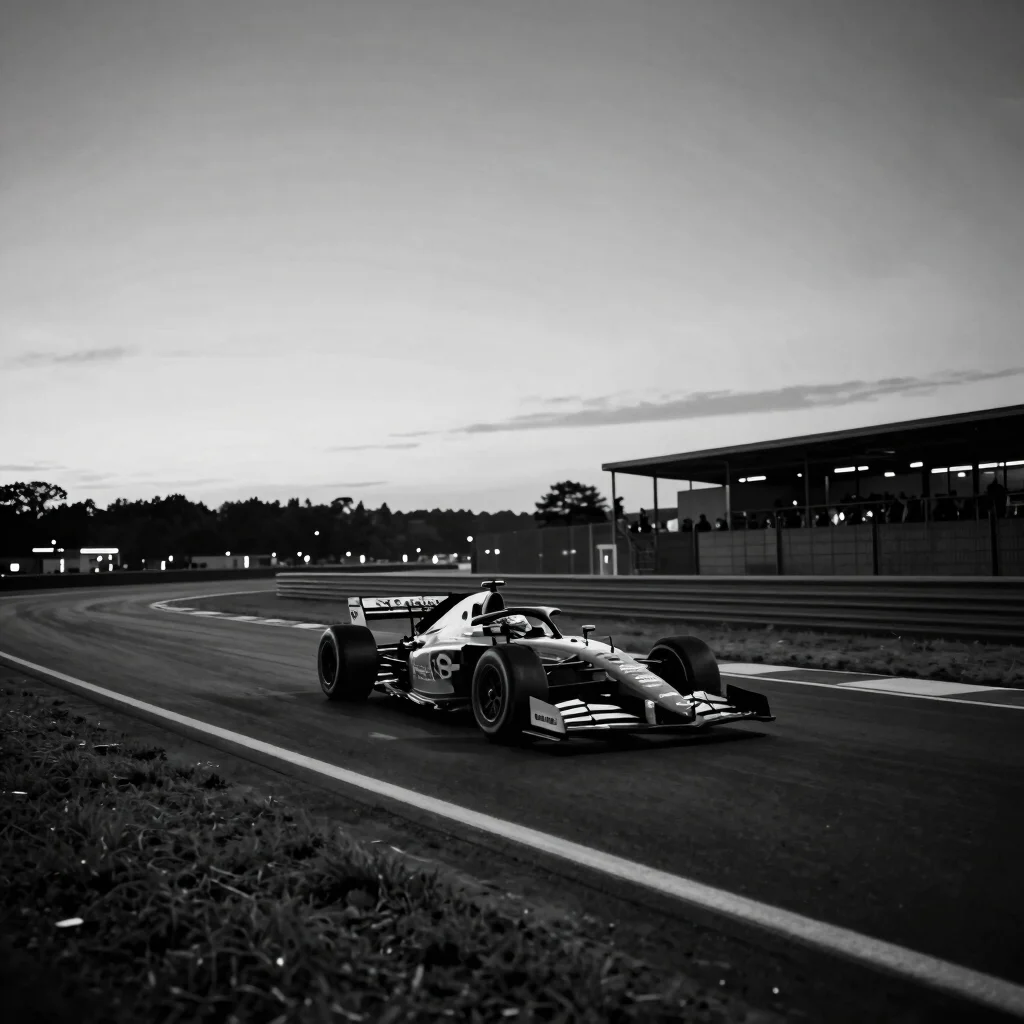 Wide cinematic still of a racing car in competition on a dark cir