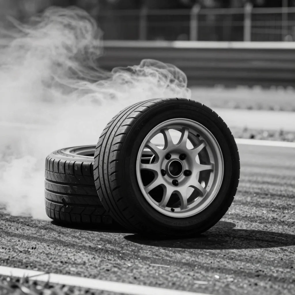 Cinematic close-up of car wheels and tires on a track surface dur