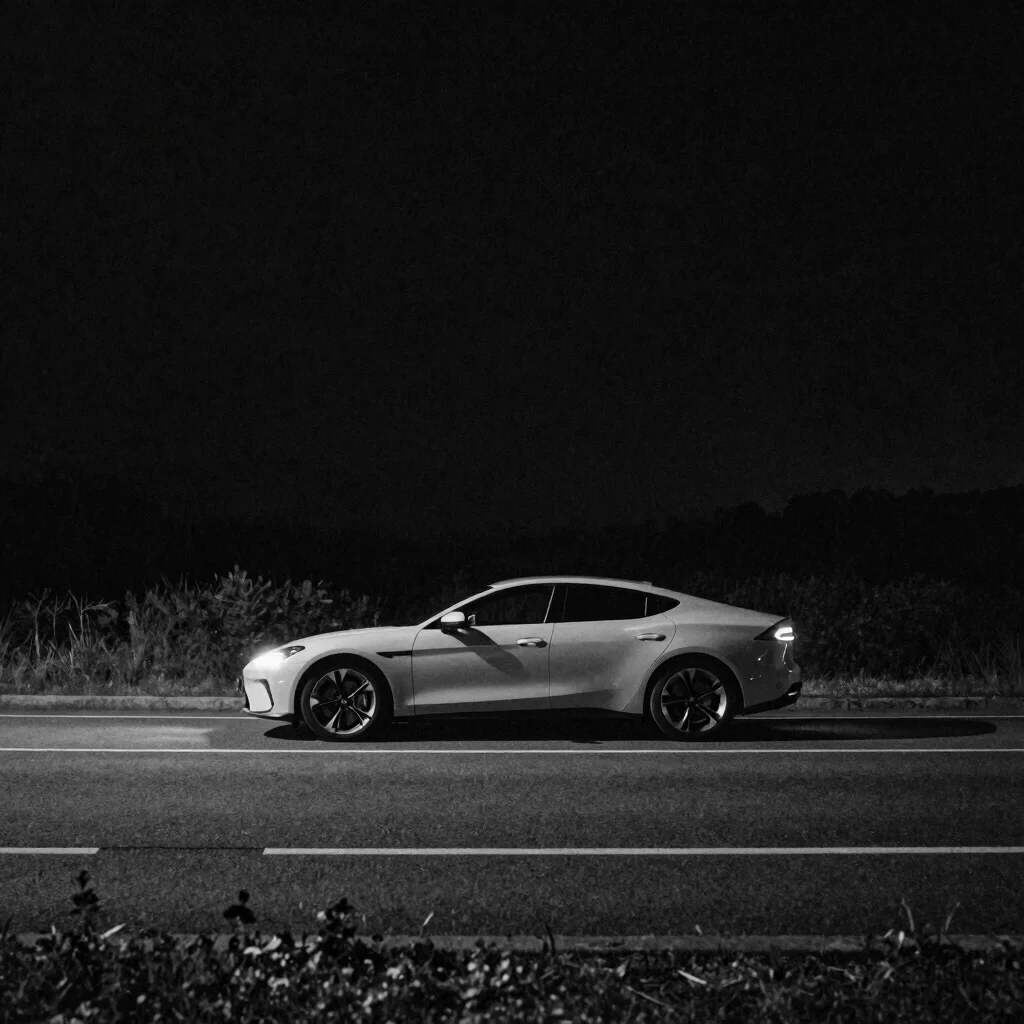 Wide cinematic frame of a brand's car shot on a closed road at ni