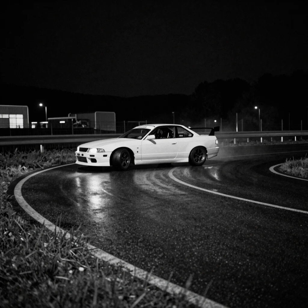 Vertical 9:16 frame of a drift car cornering at night on a wet in