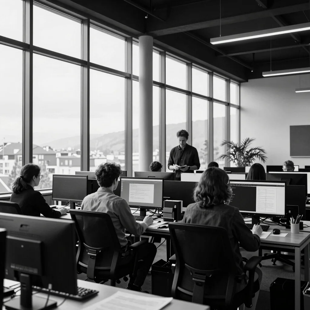 Vertical 9:16 frame of a corporate team working in a contemporary