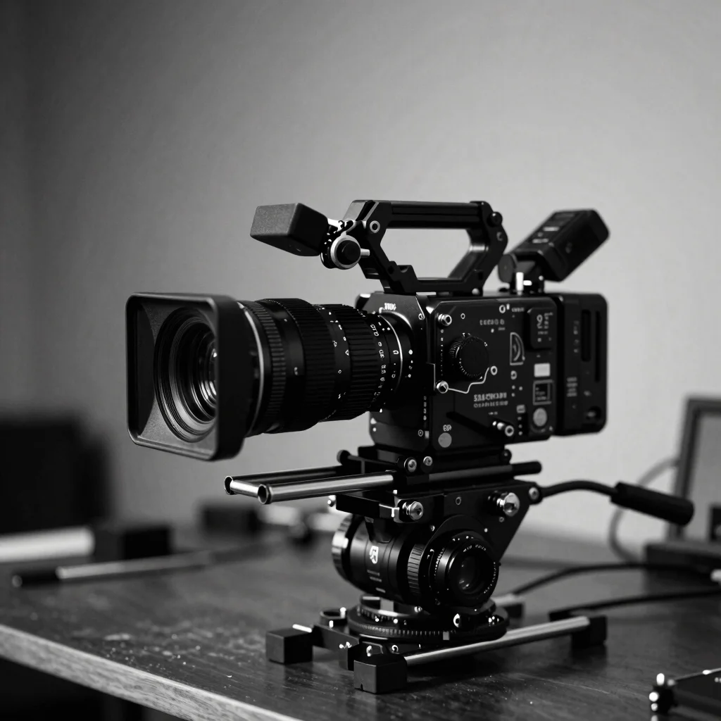 Vertical 9:16 close detail of a camera gimbal and cinema lens on