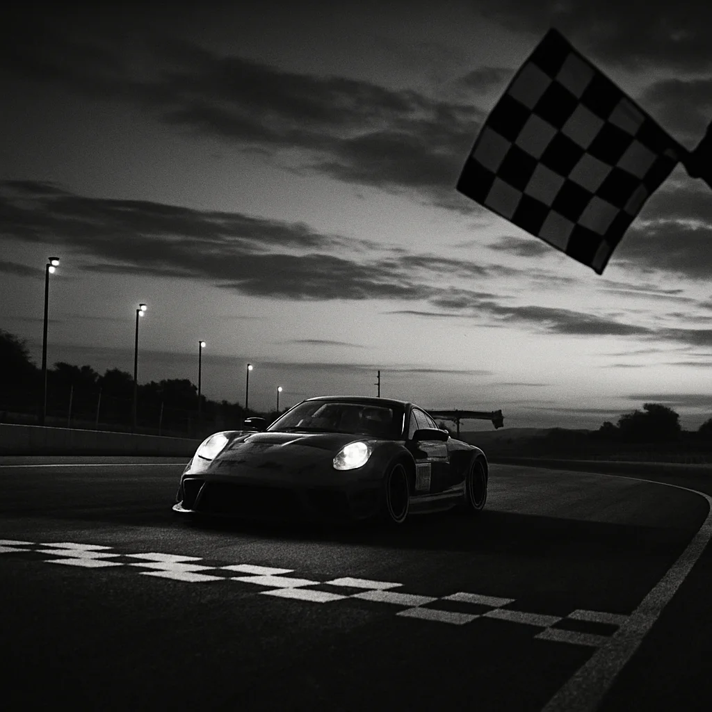 Black and white cinematic 35mm frame, deep blacks: a motorsport c