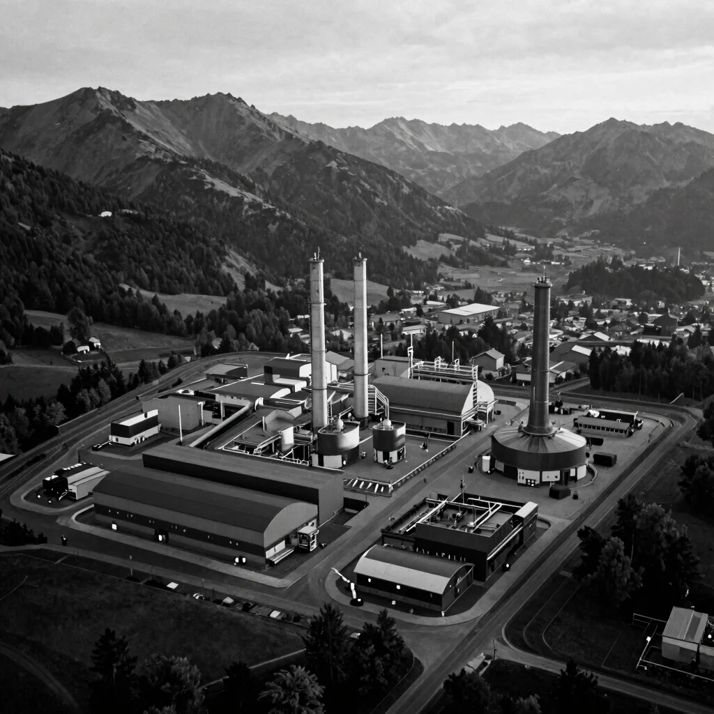Black and white cinematic 35mm frame, high contrast: a drone aeri