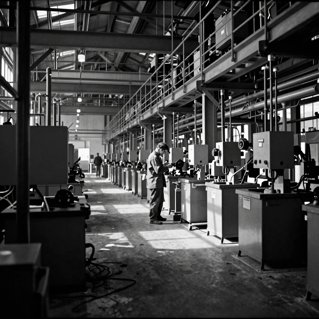 Full-frame cinematic 35mm black and white still of an industrial