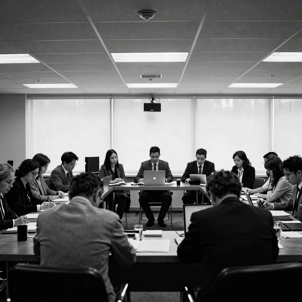 Full-frame cinematic 35mm black and white still of a corporate me