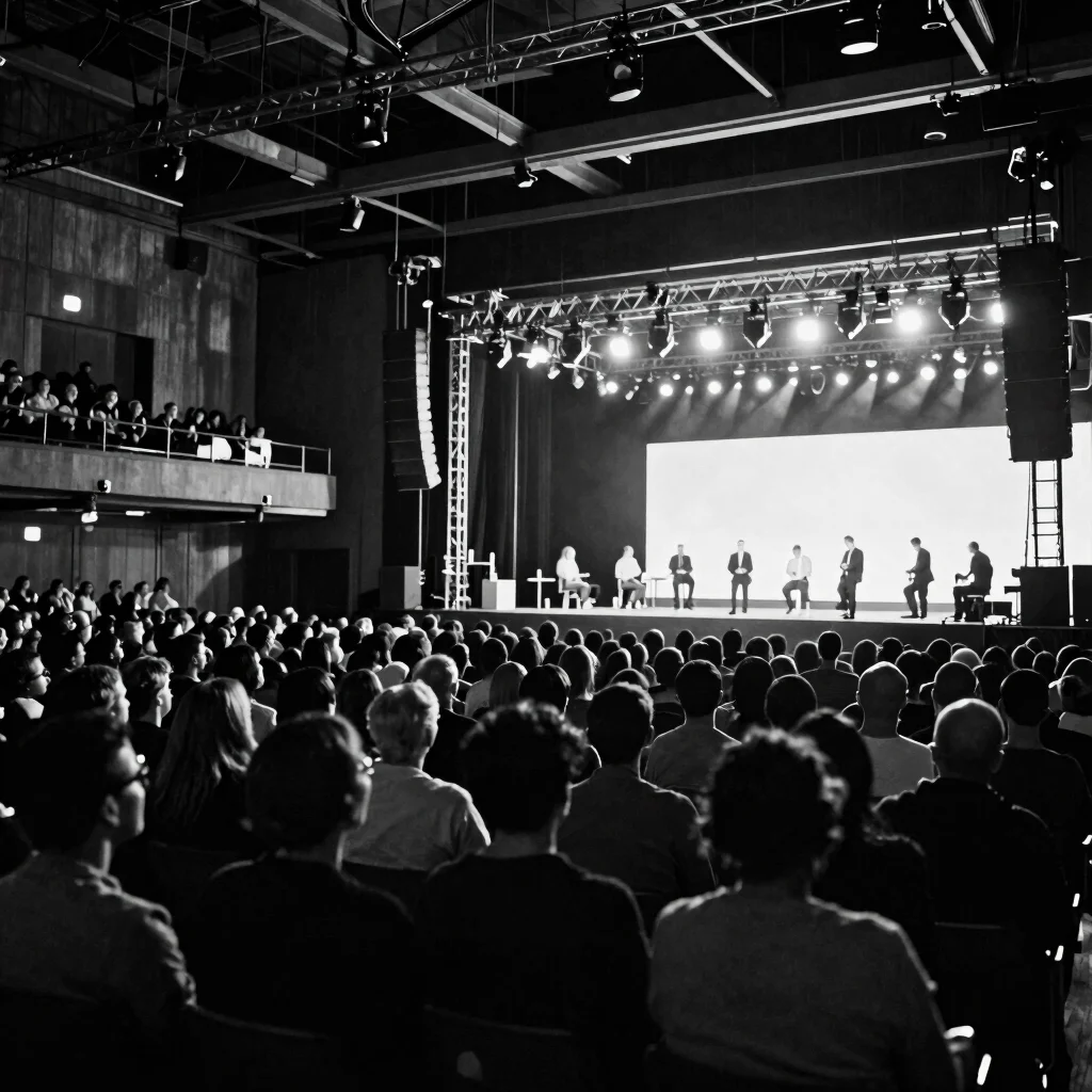 Full-frame cinematic 35mm black and white still of a live profess